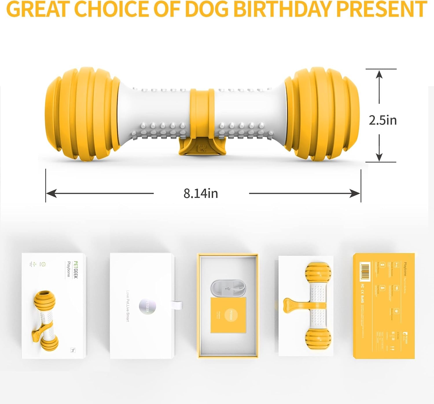 Interactive Dog Toys, Motion Activated Electronic Dog Toy Interactive Dog Bone Toys for Medium Large Dogs, USB Rechargeable Automatic Dog Toy for Boredom and Stimulating (Yellow)