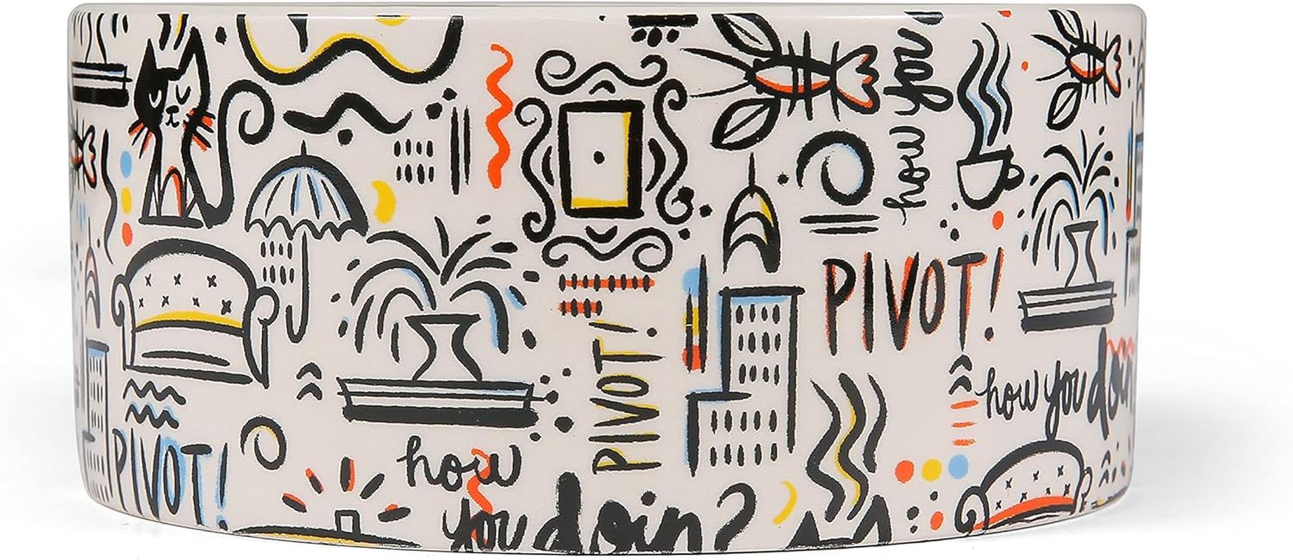 Birsppy Friends TV Show Doodle Ceramic Dog Food Bowl, 6 In, White and Black