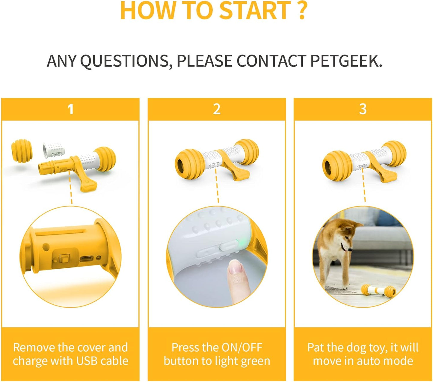 Interactive Dog Toys, Motion Activated Electronic Dog Toy Interactive Dog Bone Toys for Medium Large Dogs, USB Rechargeable Automatic Dog Toy for Boredom and Stimulating (Yellow)