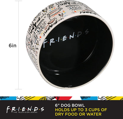 Birsppy Friends TV Show Doodle Ceramic Dog Food Bowl, 6 In, White and Black